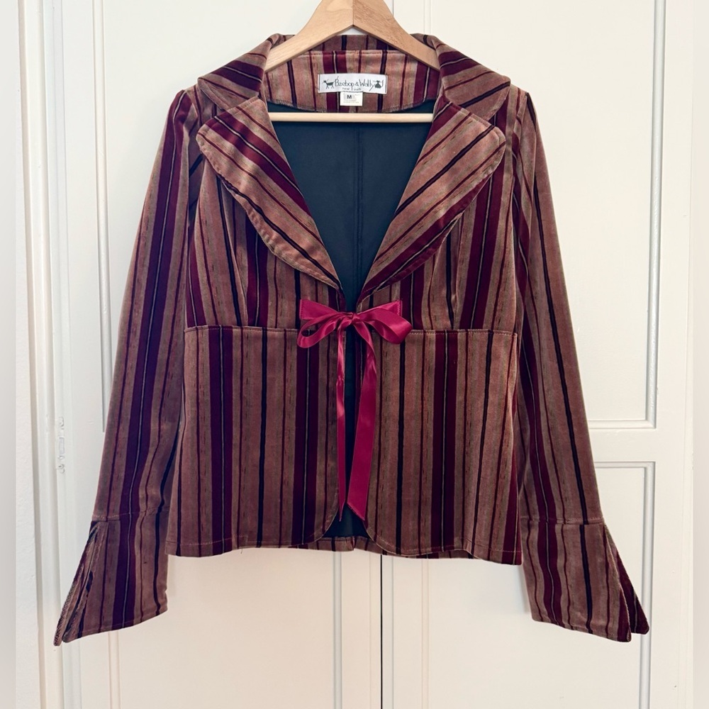Vintage 70’s/90’s/Y2K Style Beebop & Wally Velvet Blazer w/ Bow in Rouge Stripe - Picture 2 of 7